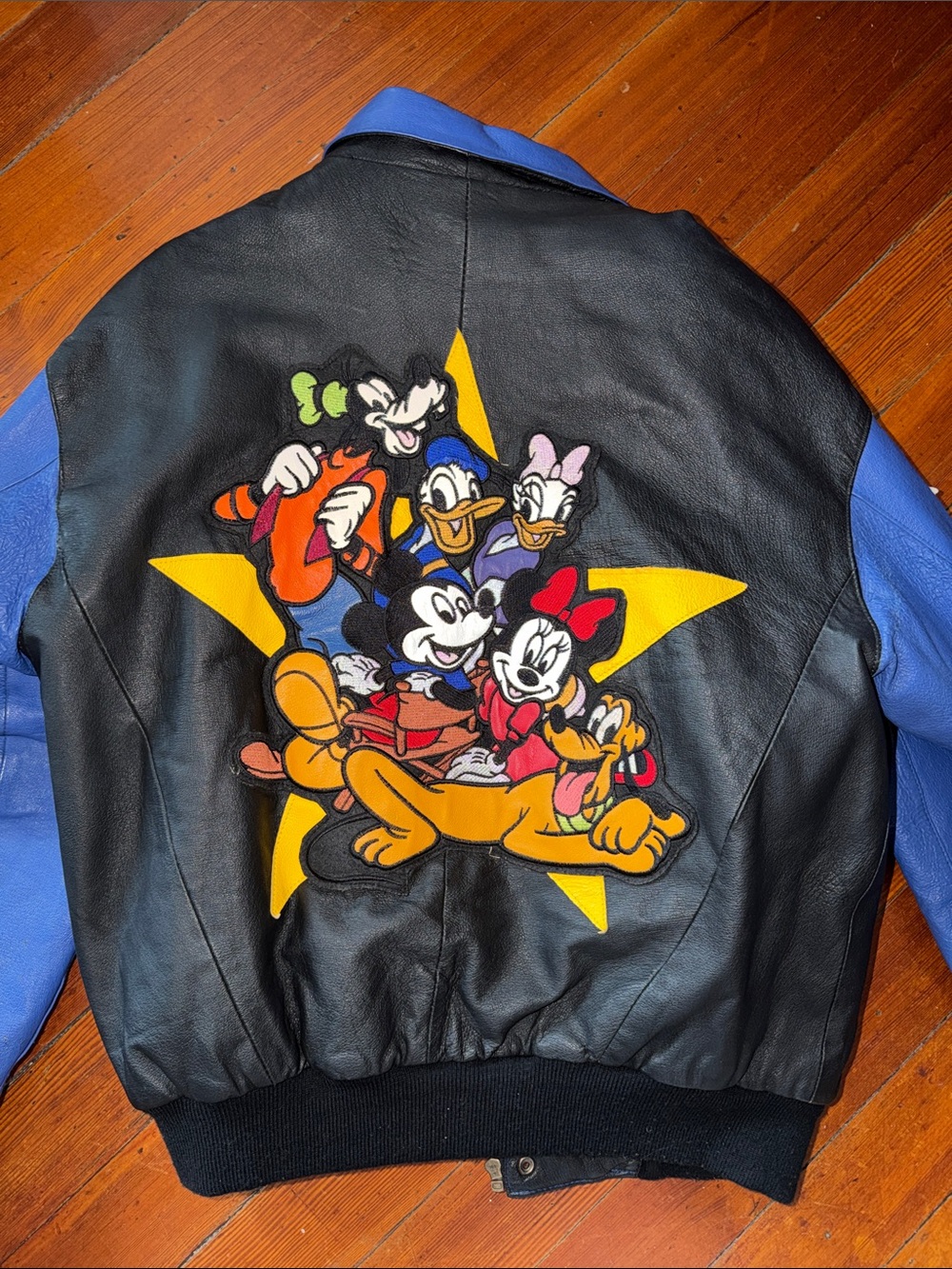 Vintage Mickey Unlimited Walt Disney World Leather Bomber Jacket Red Star Sleeve